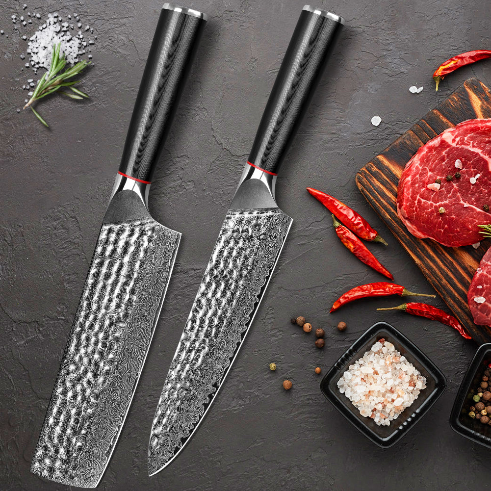 手工鍛造黑波紋手柄大馬士革錘紋廚刀-廚師刀+日式菜切