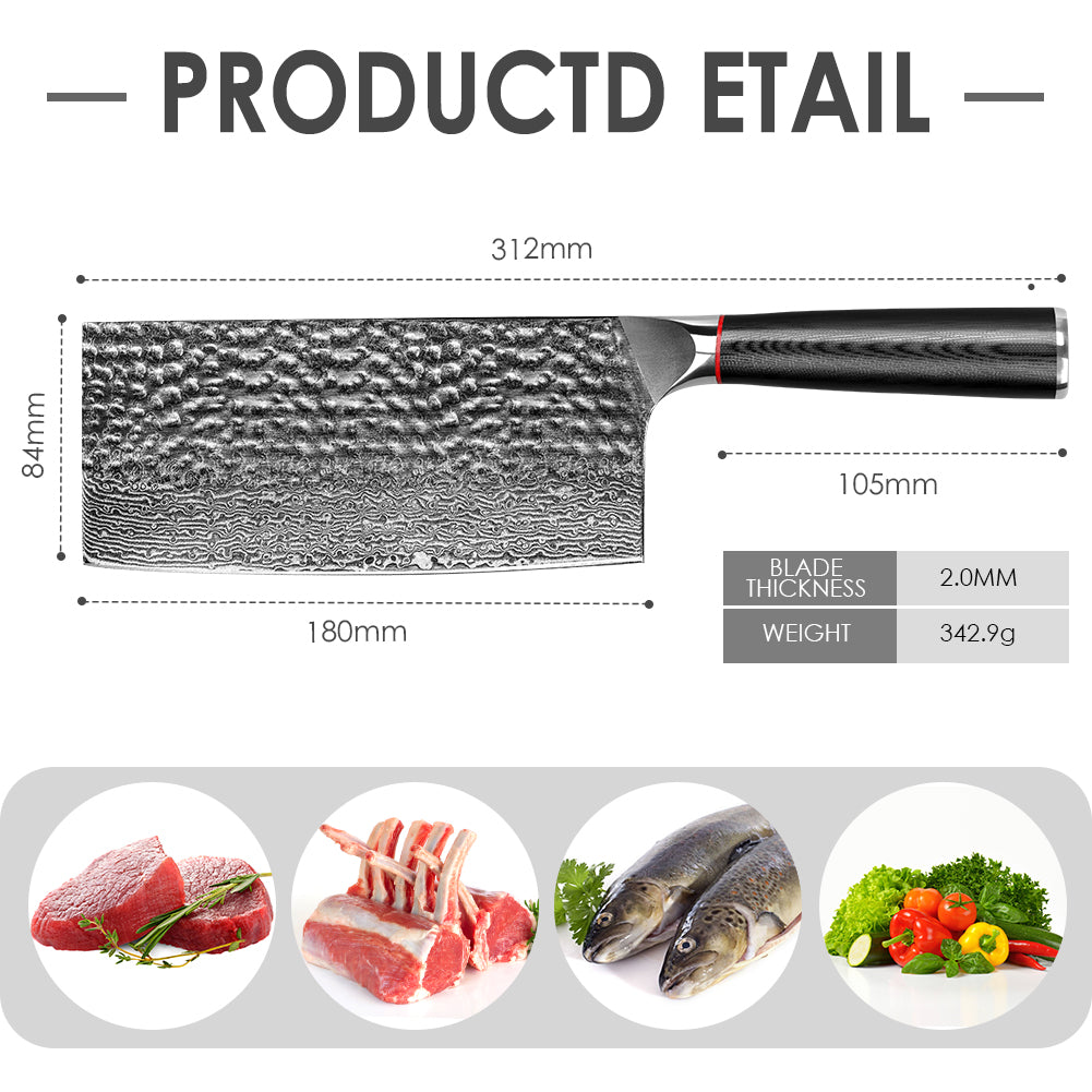 手工鍛造黑波紋手柄大馬士革錘紋廚刀-中式切片刀