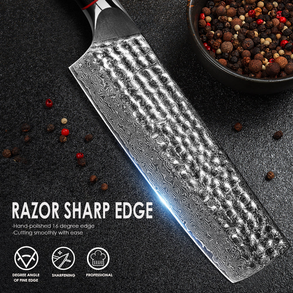 手工鍛造黑波紋手柄大馬士革錘紋廚刀-日式菜切