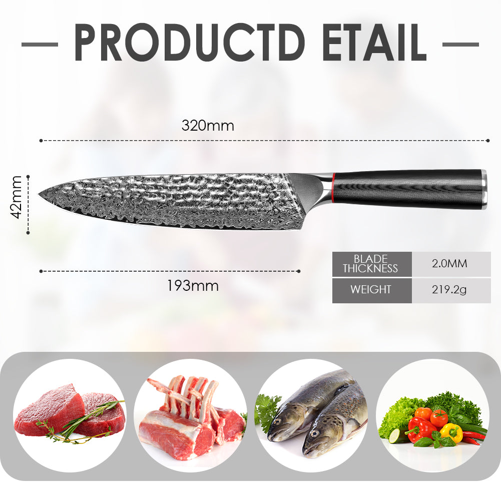 手工鍛造黑波紋手柄大馬士革錘紋廚刀-廚師刀