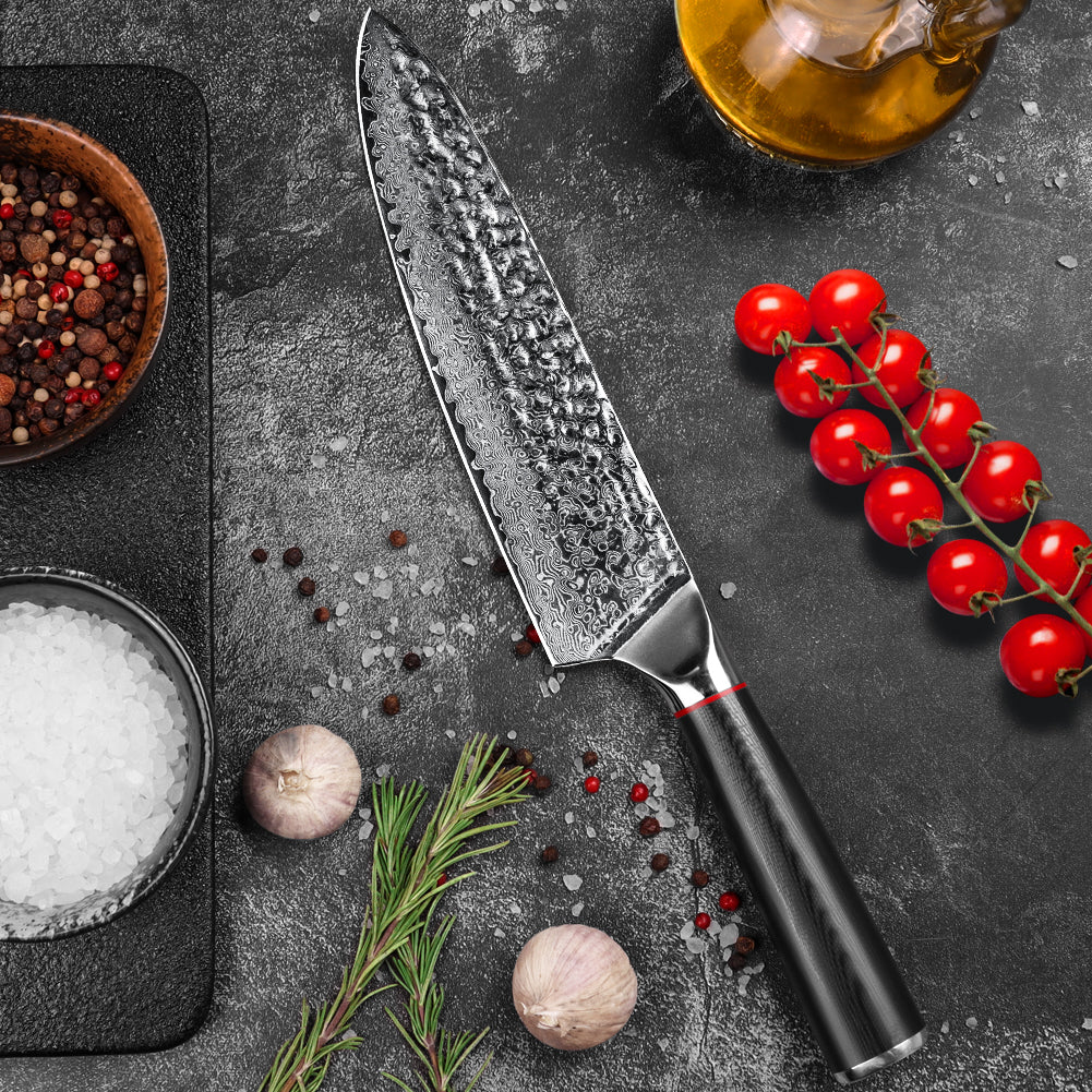 手工鍛造黑波紋手柄大馬士革錘紋廚刀-廚師刀