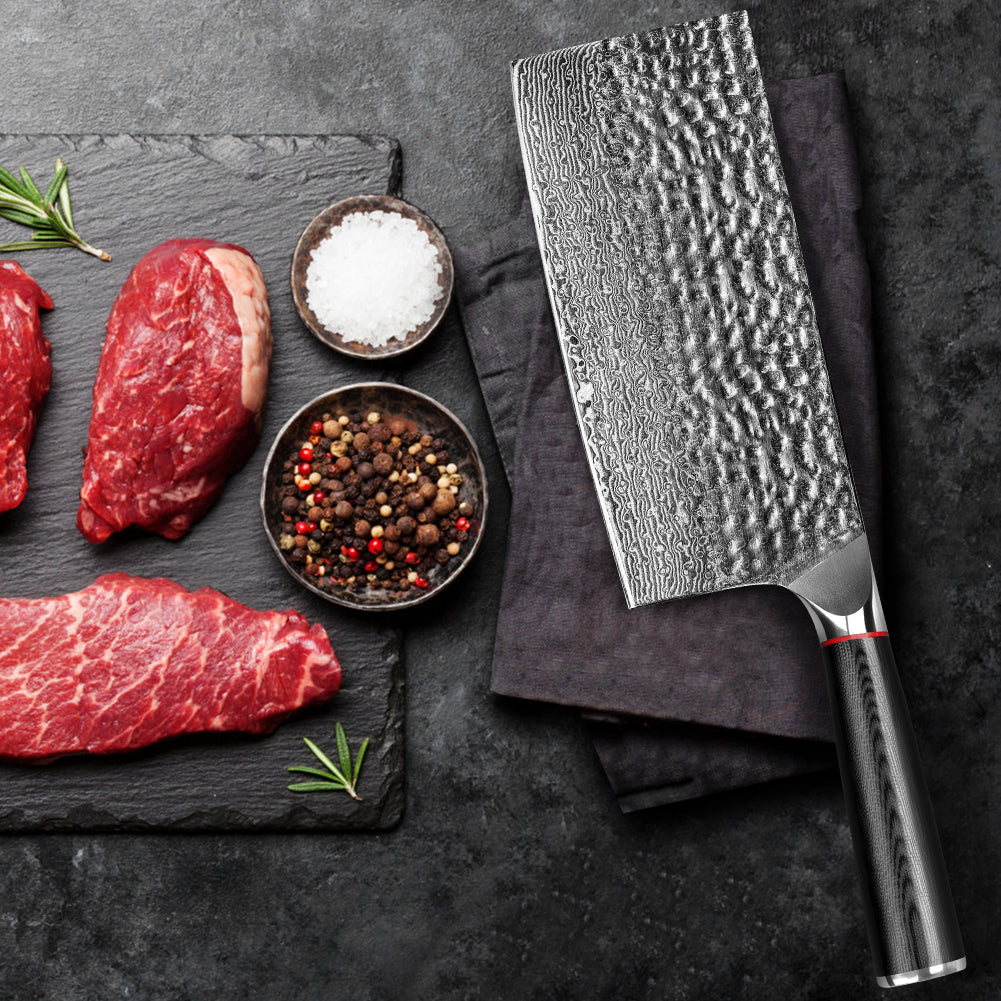 手工鍛造黑波紋手柄大馬士革錘紋廚刀-中式切片刀