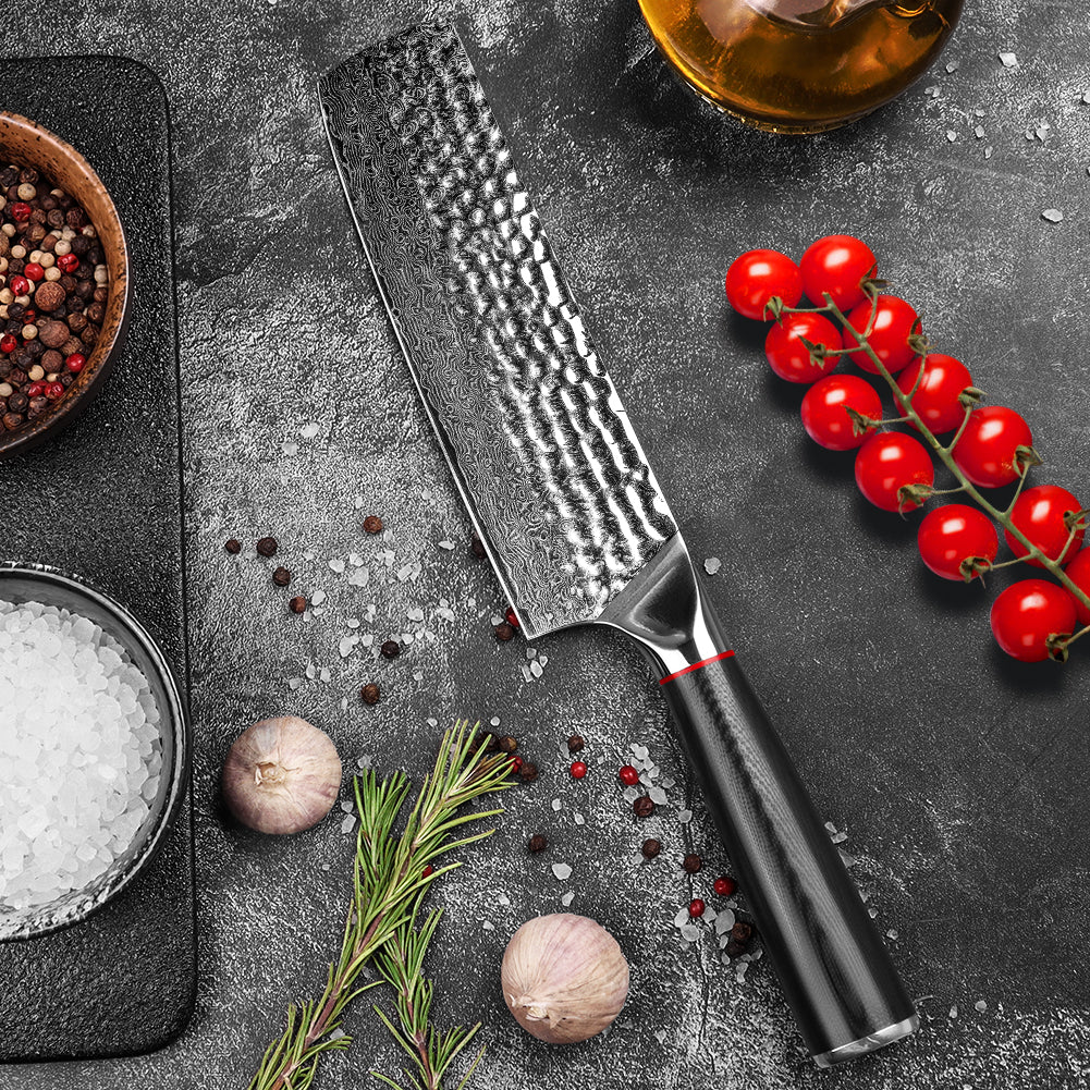 手工鍛造黑波紋手柄大馬士革錘紋廚刀-日式菜切