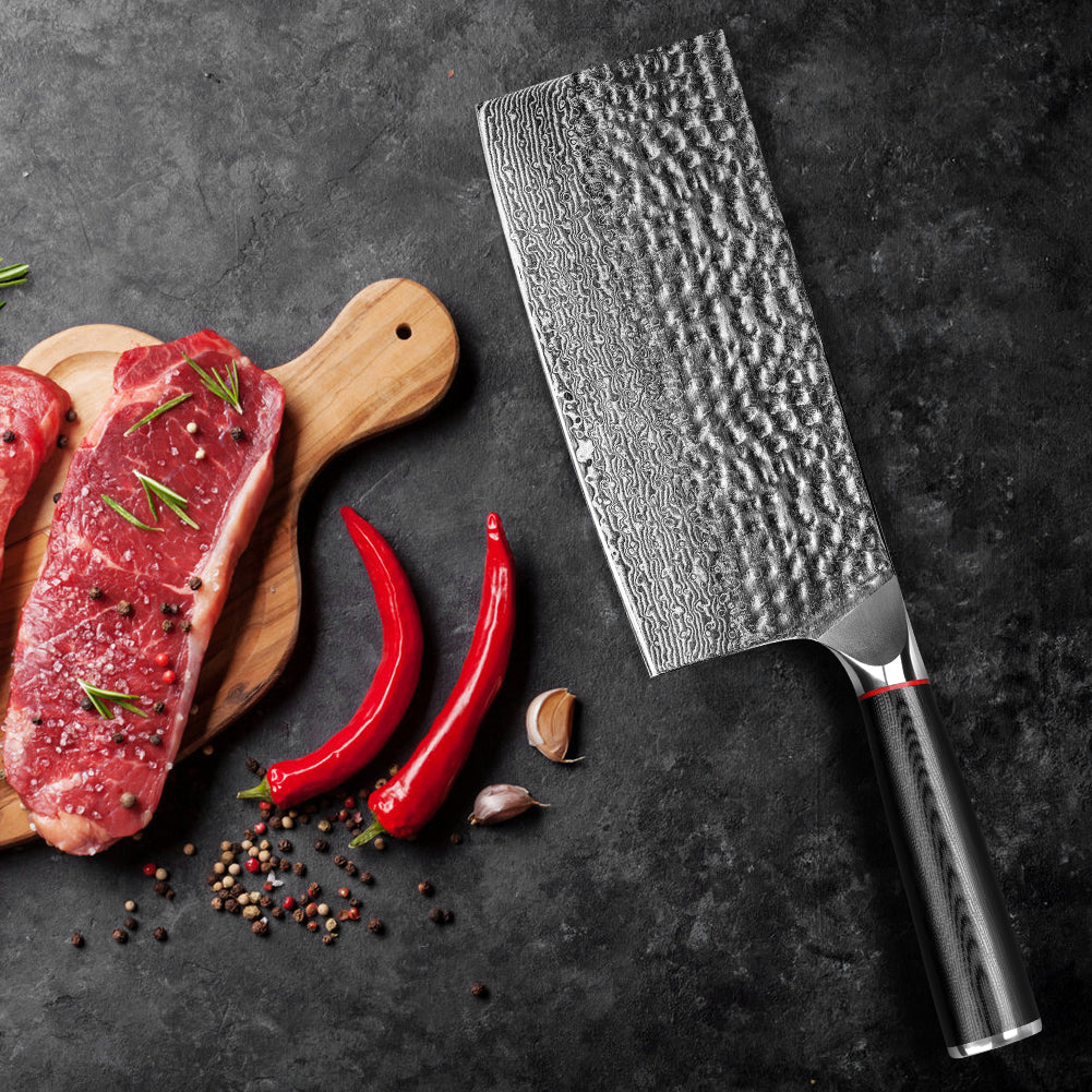 手工鍛造黑波紋手柄大馬士革錘紋廚刀-中式切片刀
