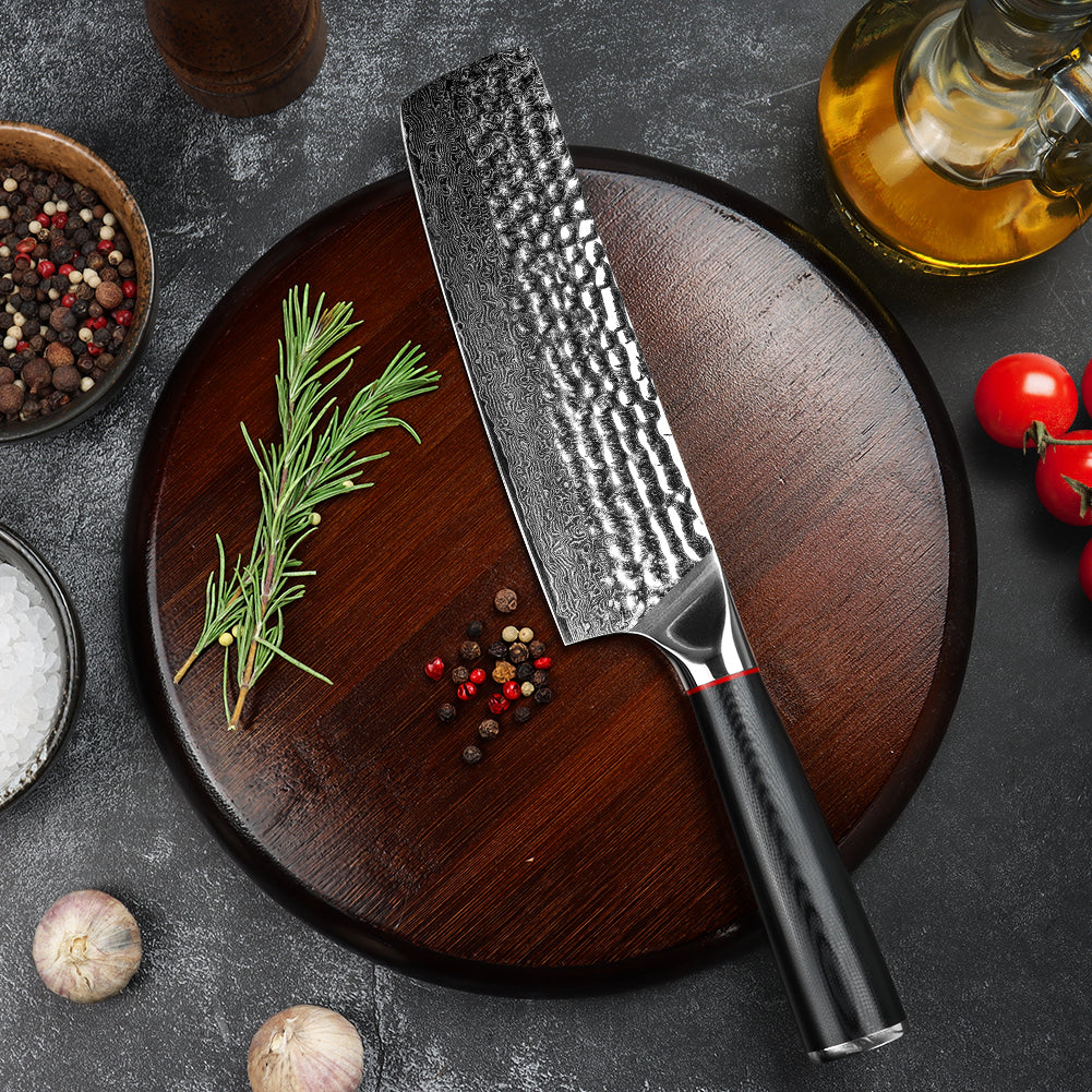 手工鍛造黑波紋手柄大馬士革錘紋廚刀-日式菜切
