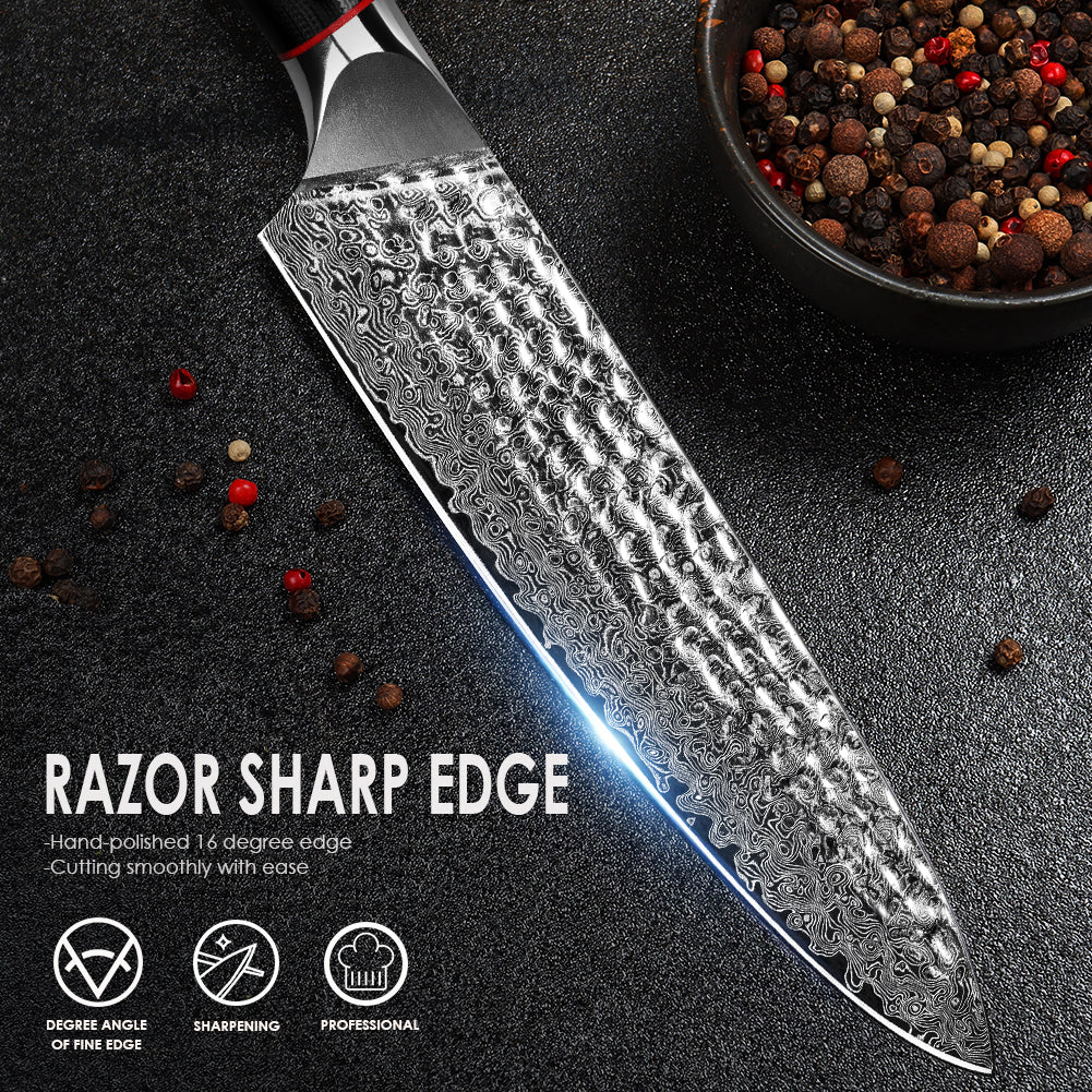 手工鍛造黑波紋手柄大馬士革錘紋廚刀-廚師刀