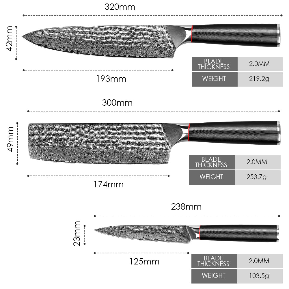 手工鍛造黑波紋手柄大馬士革錘紋廚刀-廚師刀+日式菜切+萬用刀