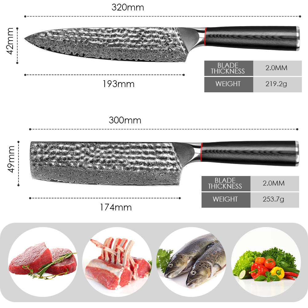 手工鍛造黑波紋手柄大馬士革錘紋廚刀-廚師刀+日式菜切