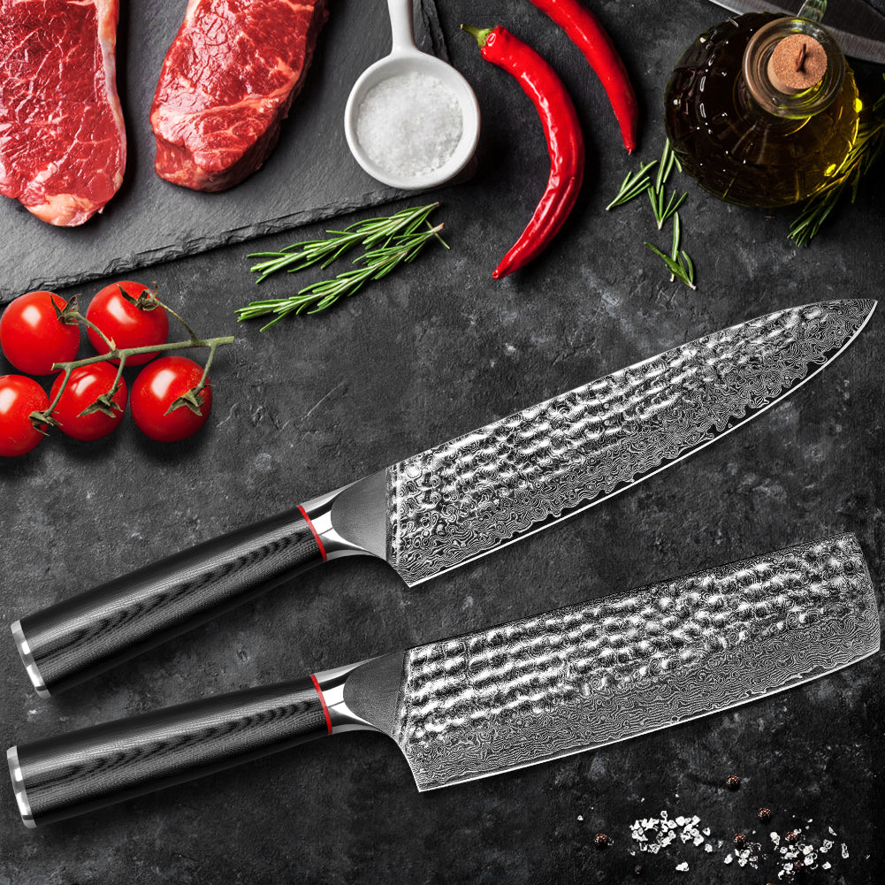 手工鍛造黑波紋手柄大馬士革錘紋廚刀-廚師刀+日式菜切