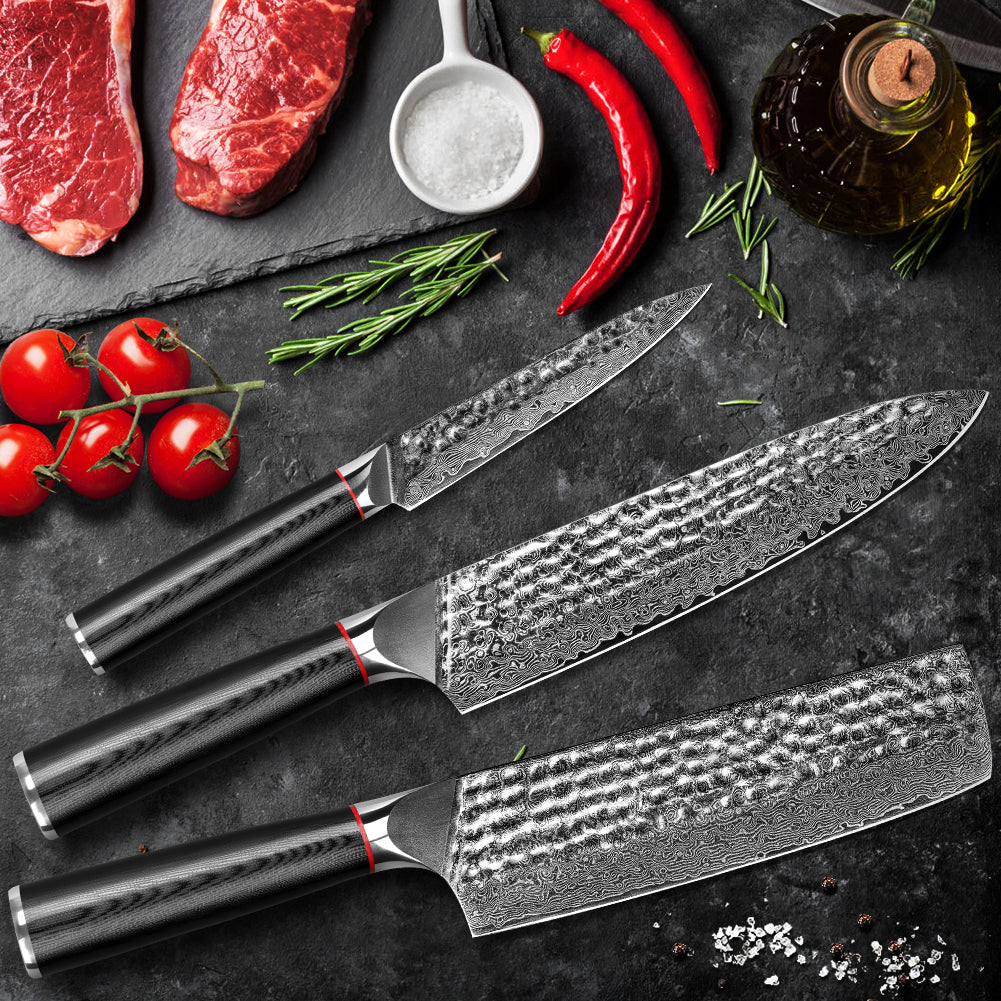 手工鍛造黑波紋手柄大馬士革錘紋廚刀-廚師刀+日式菜切+萬用刀